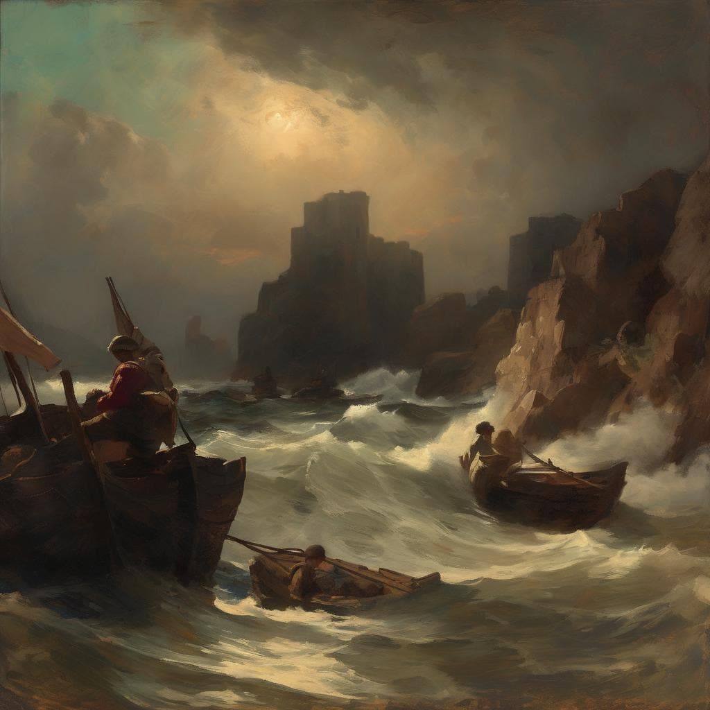 Αλτ κειμένου: Διάσπαση της πραγματικότητας με θυελλώδεις θάλασσες και φορτωμένα πλοία.