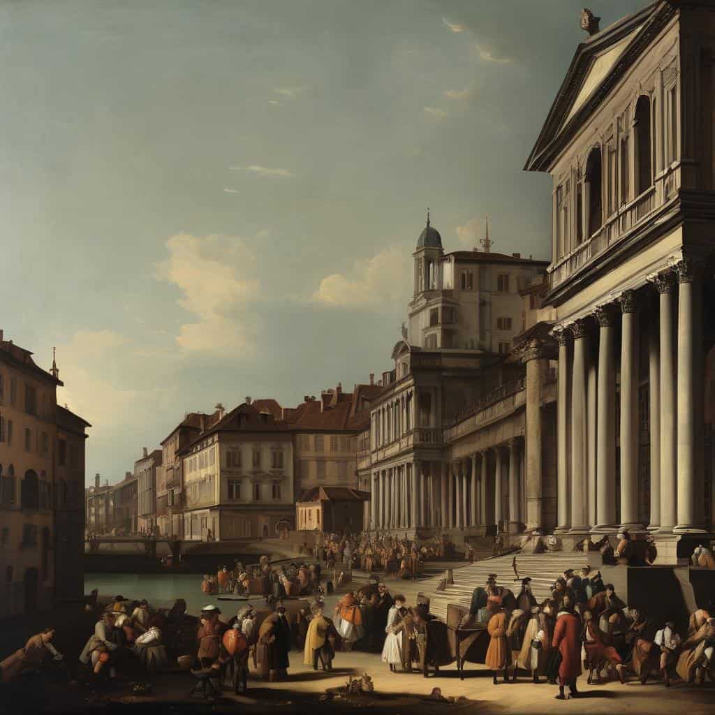 Διασκεδαστική εικόνα με ανθρώπους και αρχιτεκτονική, αναδεικνύοντας τη διάσπαση της πραγματικότητας και το αστικό περιβάλλον.